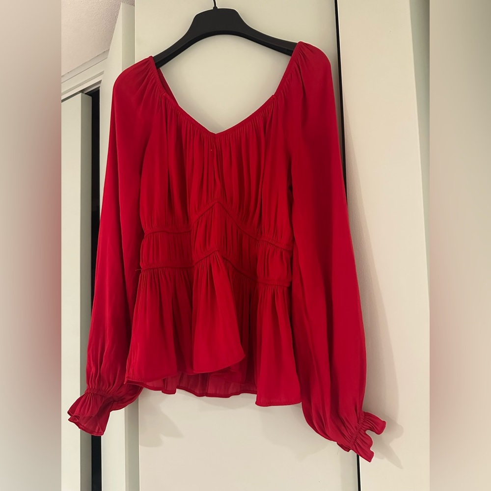 NINE WEST Size Medium Red and Pink Peplum Long Sleeve Sweetheart Neckline Blouse - Picture 6 of 11